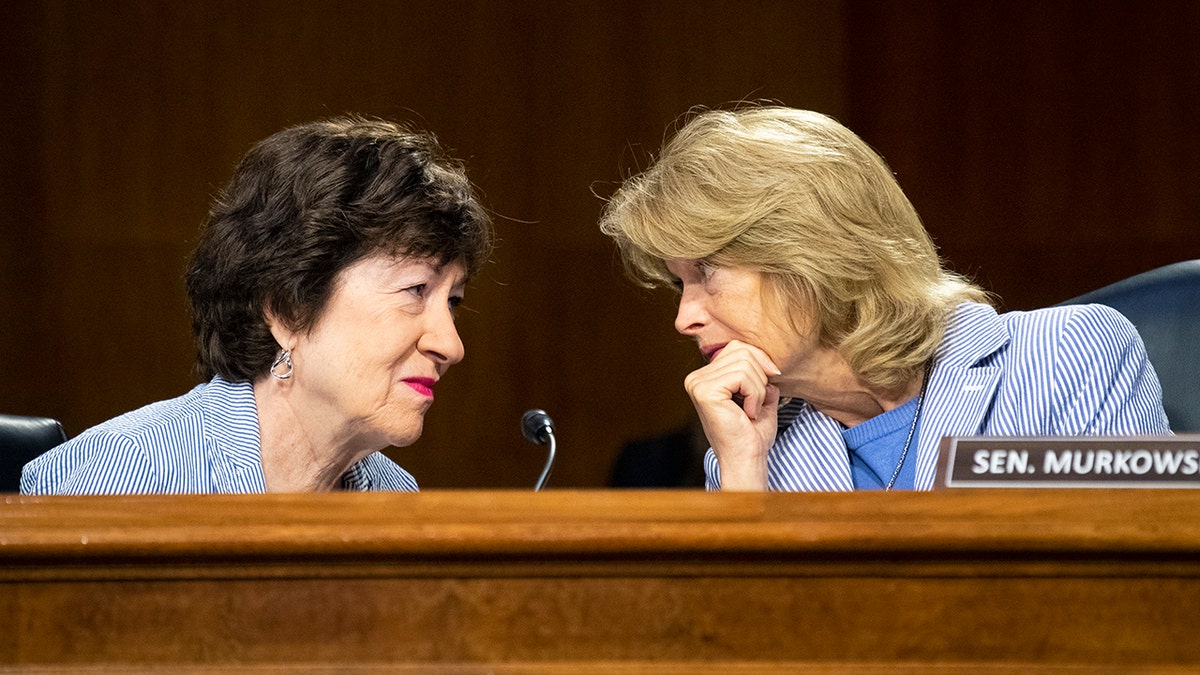 UNITED STATES - June 17: Sen. Susan Collins, R-Maine, left, and Sen. Lisa Murkowski, R-Alaska, talk during the Senate Appropriations Committee hearing on "A Review of the FY2022 Department of Defense Budget Request in Washington on Thursday, June 17, 2021. (Photo by Caroline Brehman/CQ-Roll Call, Inc via Getty Images)UNITED STATES - June 17: Sen. Susan Collins, R-Maine, left, and Sen. Lisa Murkowski, R-Alaska, talk during the Senate Appropriations Committee hearing on "A Review of the FY2022 Department of Defense Budget Request in Washington on Thursday, June 17, 2021. (Photo by Caroline Brehman/CQ-Roll Call, Inc via Getty Images)