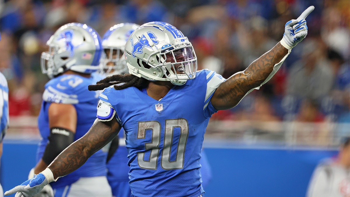 Detroit Lions running back Jamaal Williams (30) reacts after a play during an NFL football game between the Detroit Lions and the San Francisco 49ers in Detroit, Michigan USA, on Sunday, September 12, 2021.