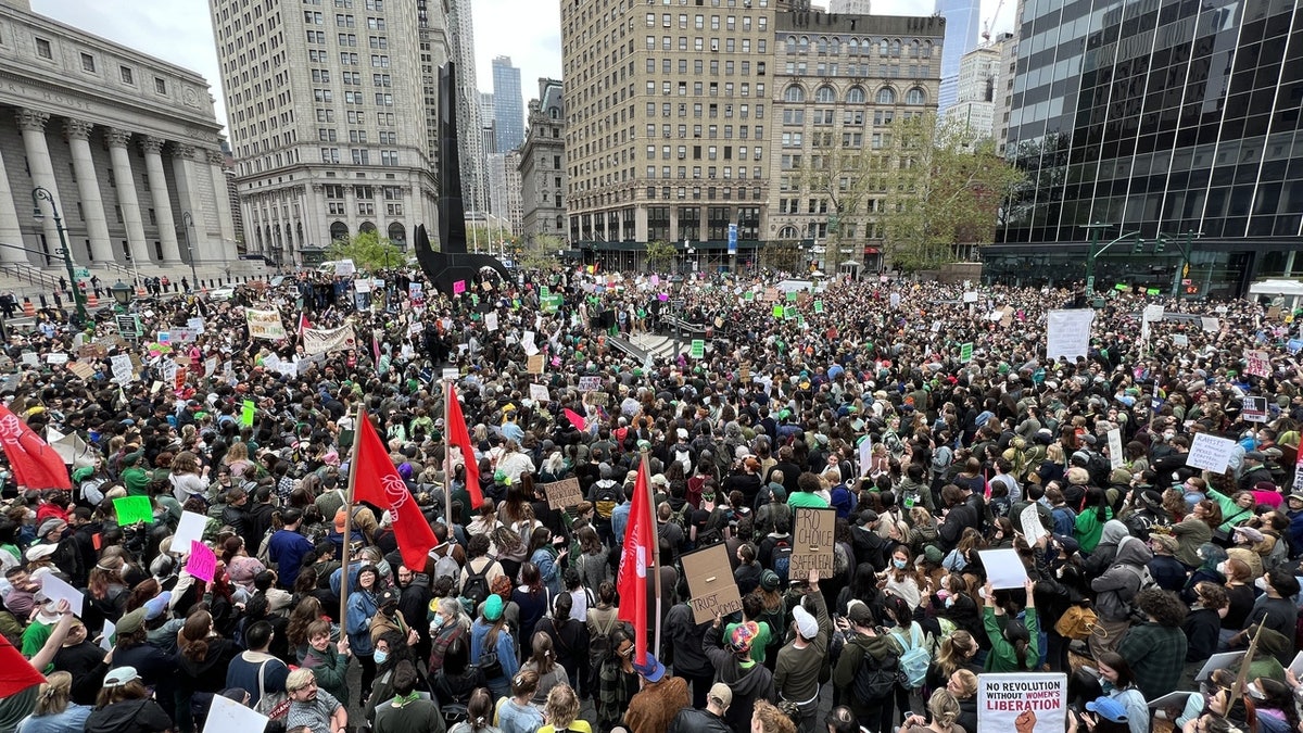 Thousands of protesters are gathered at the Union Square in New York City, United States on May 3.,2022, Tuesday after the leak of a draft majority opinion preparing for the court to overturn the landmark abortion decision in Roe v. Wade