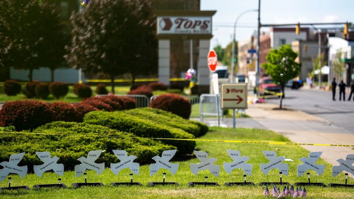 A memorial to the victims of the mass shooting in Buffalo is seen near the Tops Friendly Market at Jefferson Avenue and Riley Street on Wednesday, May 18, 2022 in Buffalo, NY.