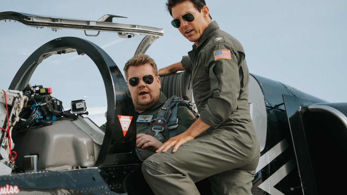 Tom Cruise and James Corden suit up for a flight