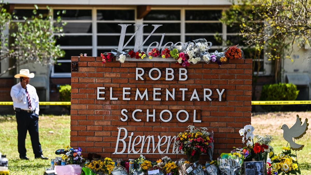 Flower placed on a memorial at Robb Elementary School