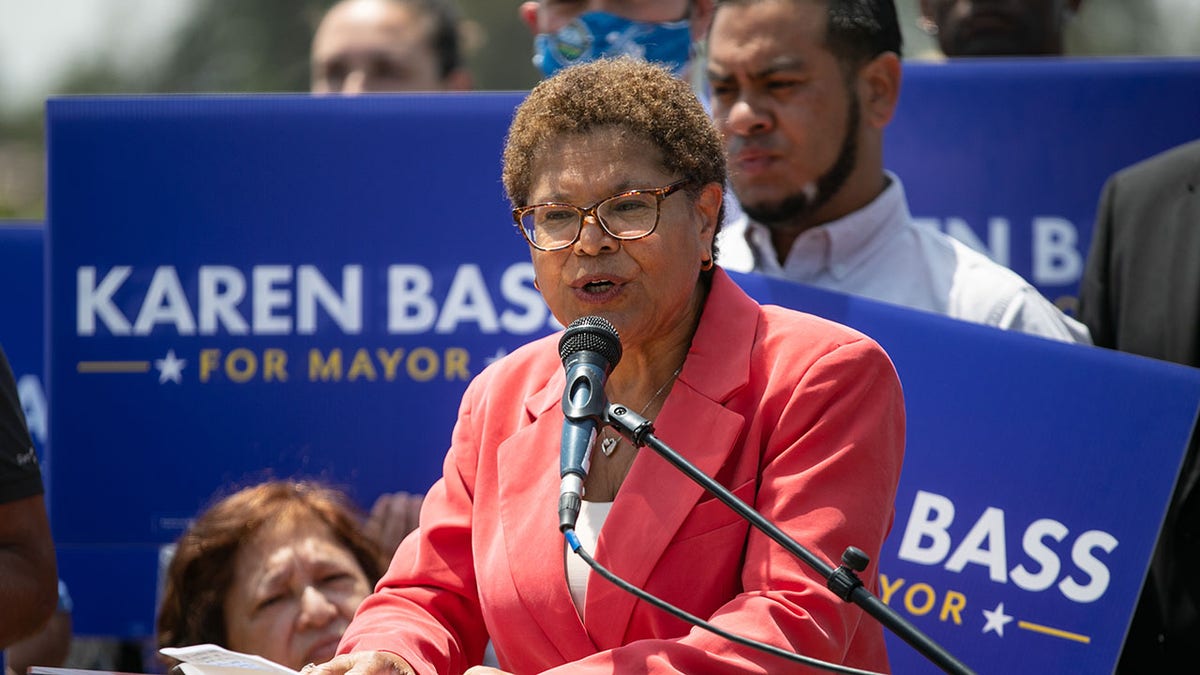 Rep. Karen Bass speaks during her campaign for Los Angeles mayor