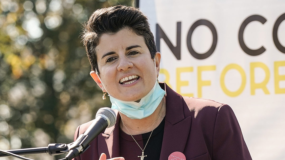 WASHINGTON, DC - OCTOBER 22: Jamie Manson of Catholics for Choice speaks at a protest calling for the Republican Senate to delay the confirmation of Supreme Court Justice Nominee Amy Coney Barrett at the U.S. Capitol on October 22, 2020 in Washington, DC. (Photo by Jemal Countess/Getty Images for Care In Action)