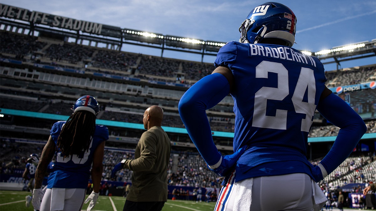 James Bradberry #24 of the New York Giants before the start of a game against the Las Vegas Raiders at MetLife Stadium on November 7, 2021 in East Rutherford, New Jersey.