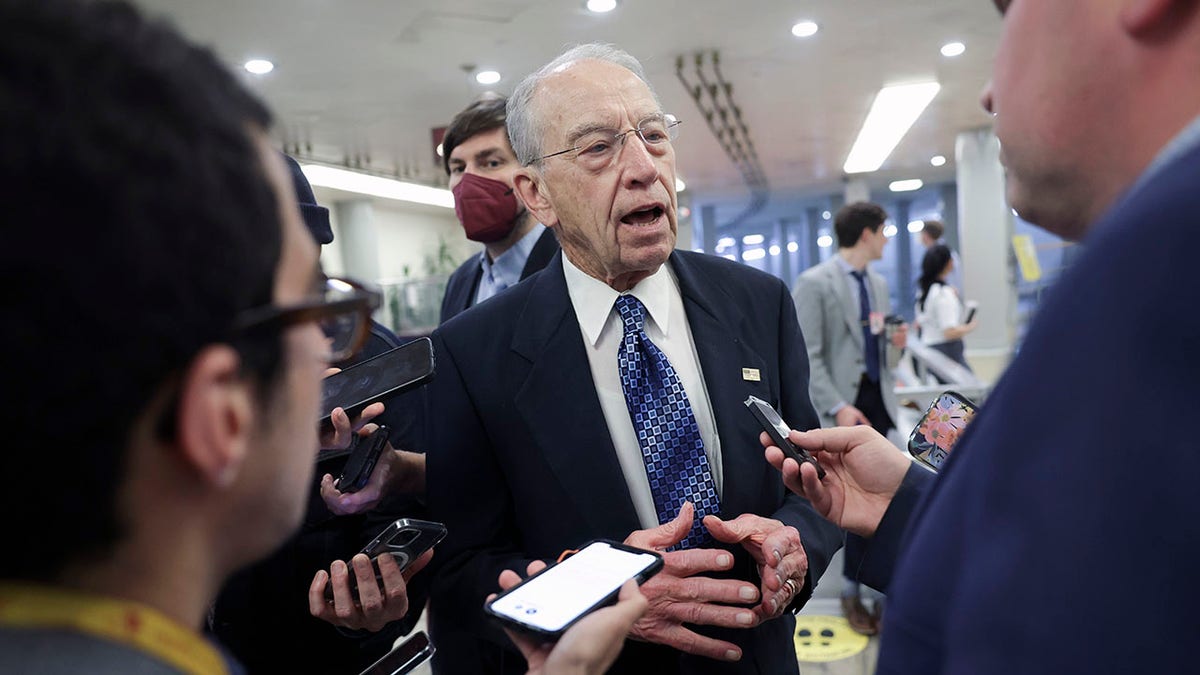 Sen. Charles Grassley, R-Iowa, speaks to the media as he arrives at the U.S. Capitol in Washington on April 25, 2022.