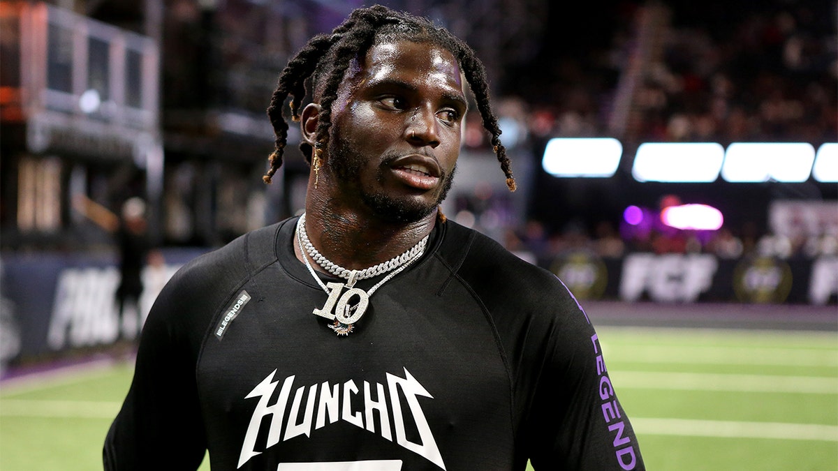 Tyreek Hill of Team Quavo is seen in the celebrity game during Fan Controlled Football Season v2.0 - Week Three on April 30, 2022 in Atlanta, Georgia.
