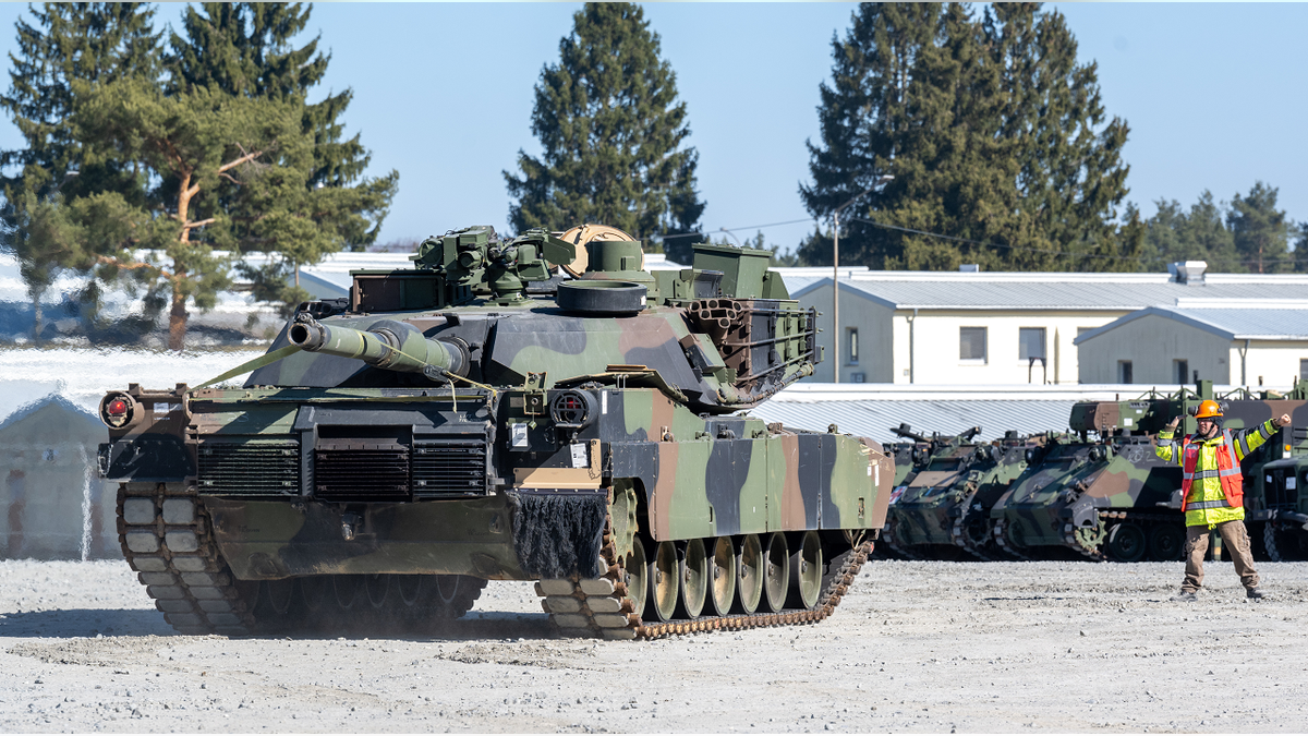 A U.S. Army tank is marshaled on the grounds of the Grafenwoehr military training area on March 11.
