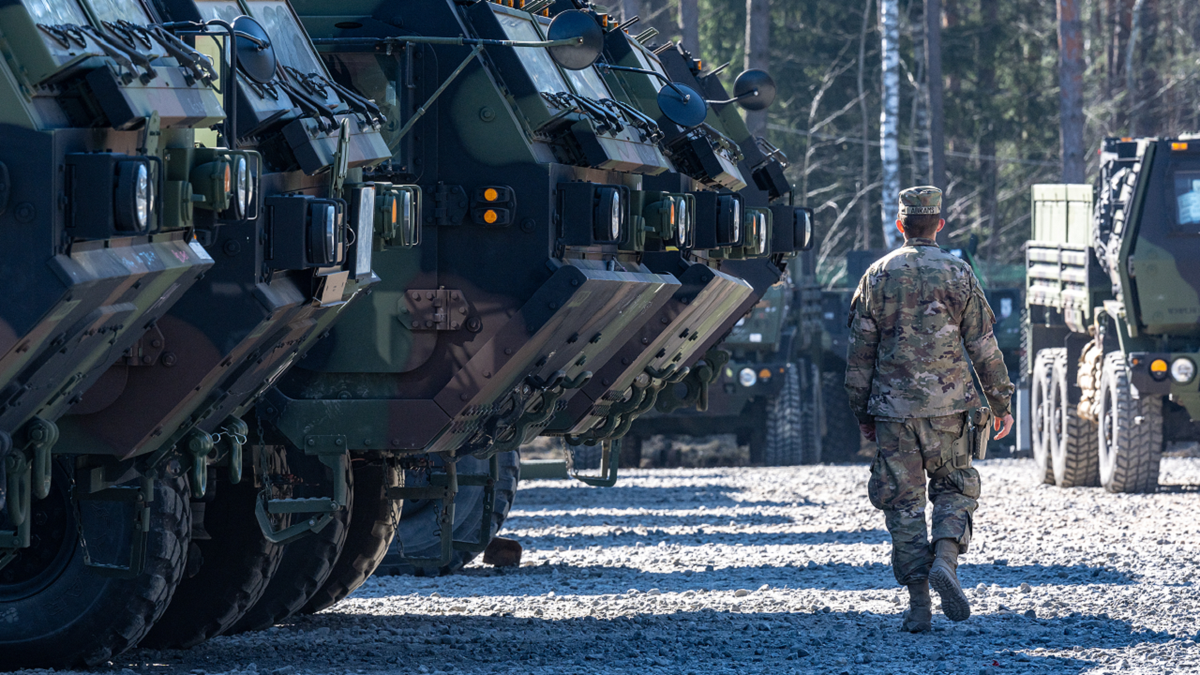 U.S. military vehicles are seen on the grounds of the Grafenwoehr military training area in Germany on March 11.