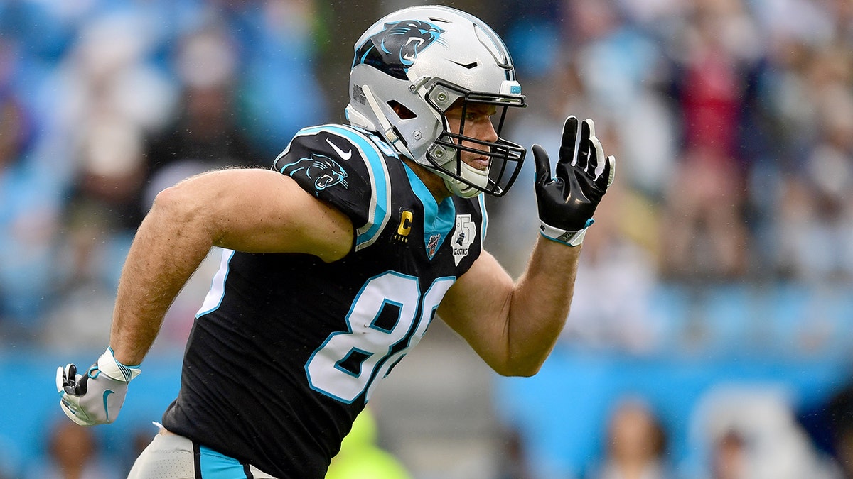 Greg Olsen #88 of the Carolina Panthers during the first half during their game against the New Orleans Saints at Bank of America Stadium on December 29, 2019 in Charlotte, North Carolina.