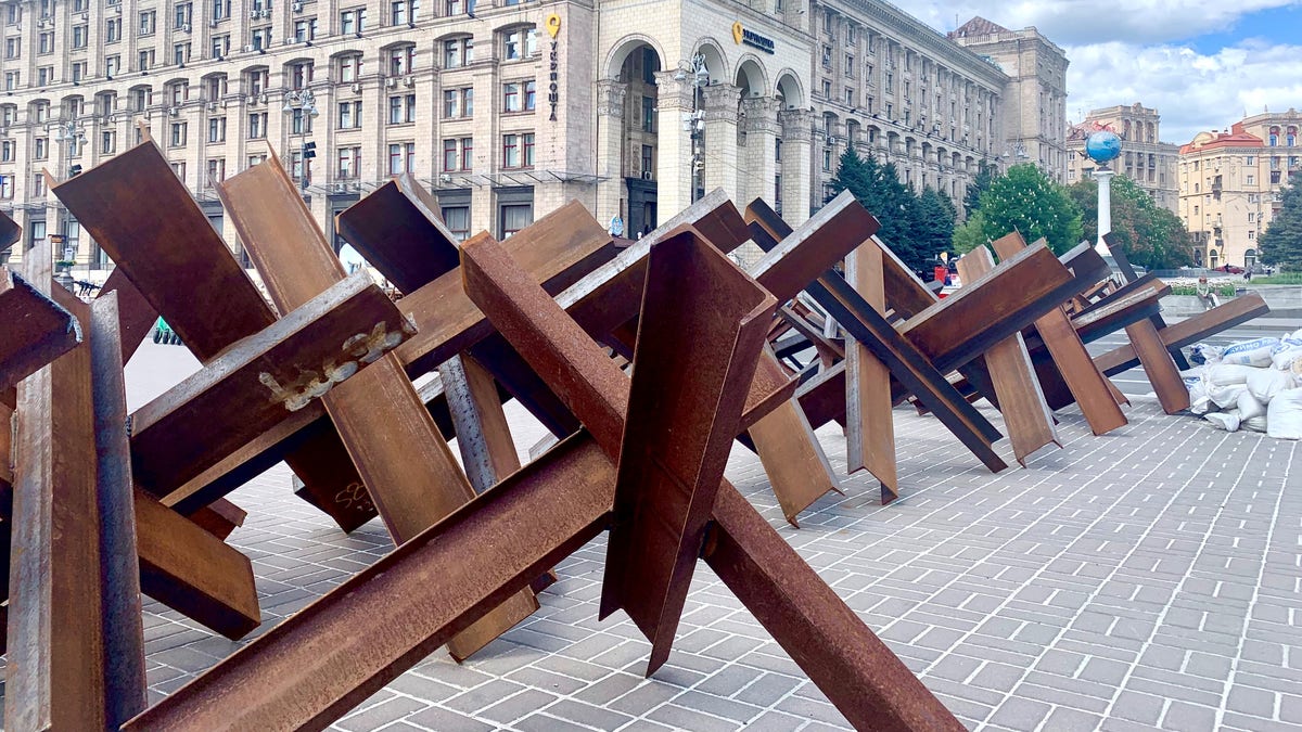 Steel barriers line sidewalk Kyiv