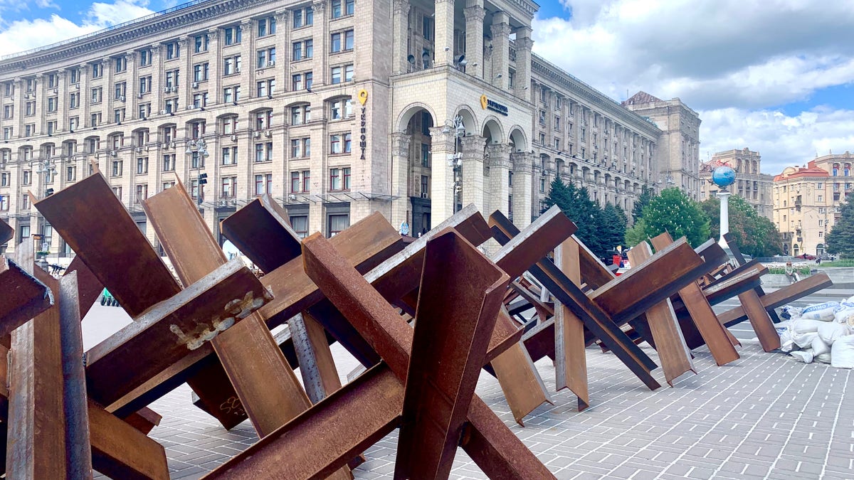 Steel barriers line sidewalk Kyiv