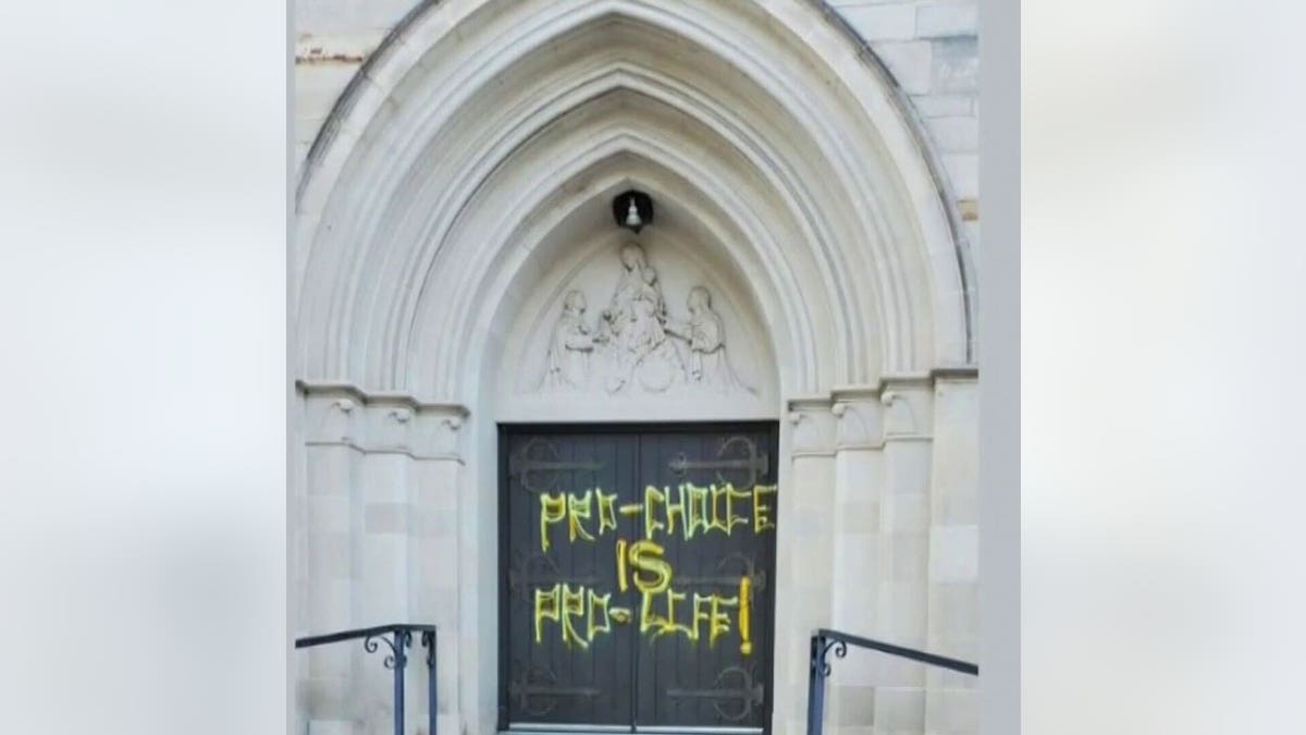 Holy Rosary Catholic Church hit with vandalism reading "pro-choice is pro-life"