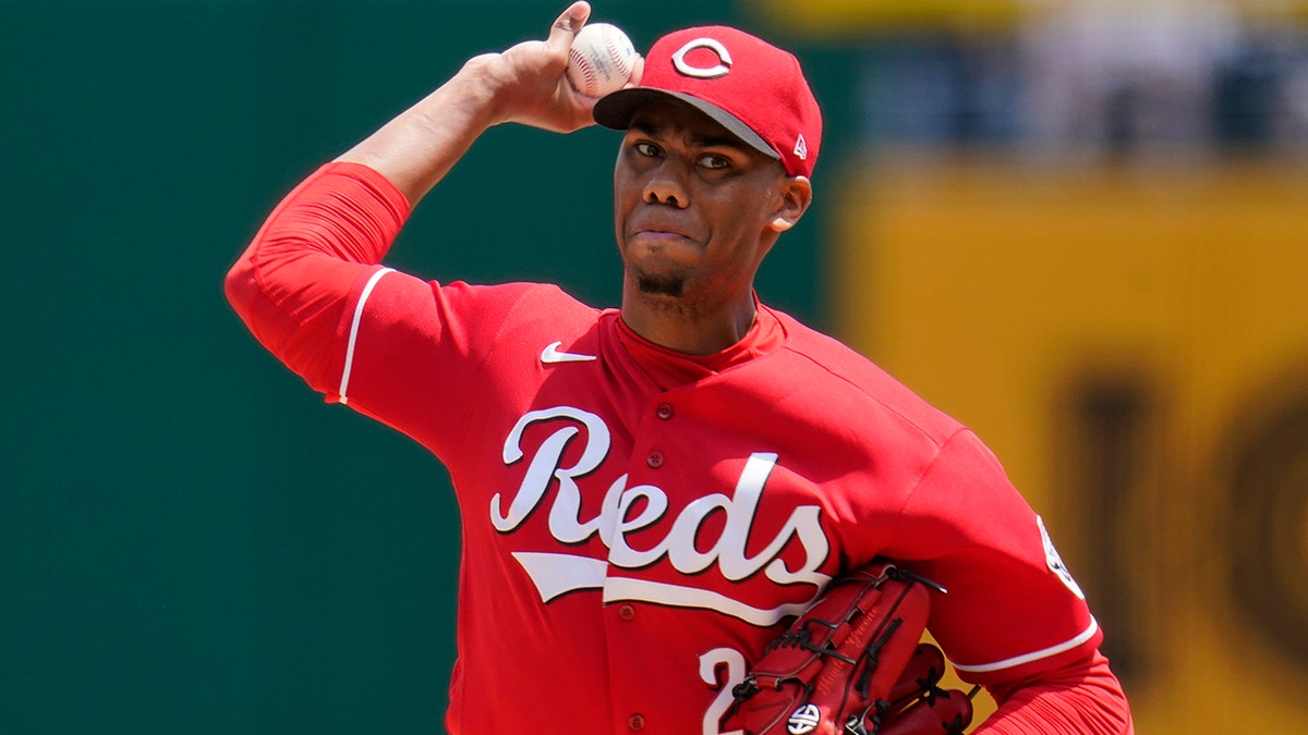 Cincinnati Reds starting pitcher Hunter Greene delivers during the first inning of a baseball game against the Pittsburgh Pirates in Pittsburgh, Sunday, May 15, 2022. 