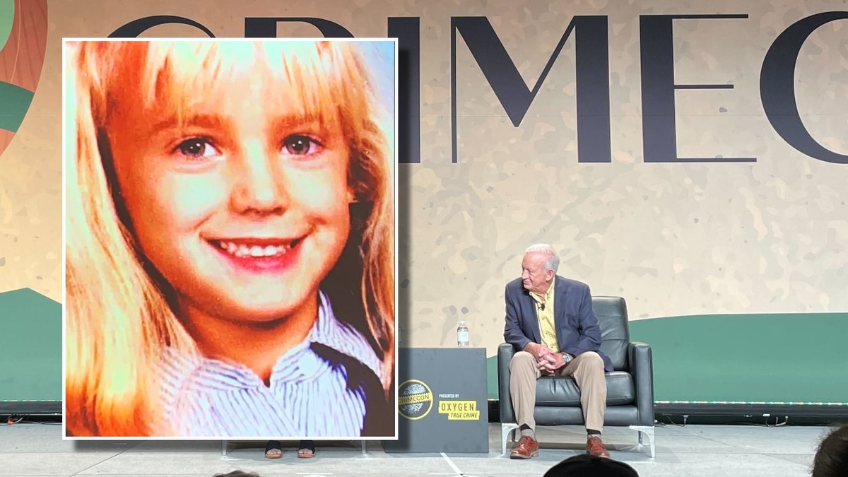 JonBenet Ramsey, inset, and her father on the stage at CrimeCon 2022 in Las Vegas Saturday.