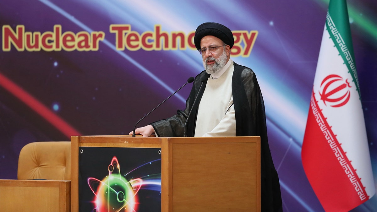 Iranian President Ebrahim Reisi makes a speech during his visit to an exhibition organized by the Atomic Energy Agency of Iran on the occasion of the National Nuclear Technology Day at the International Conference Center in Tehran, Iran on April 9, 2022. (Photo by Iranian Presidency/Anadolu Agency via Getty Images)