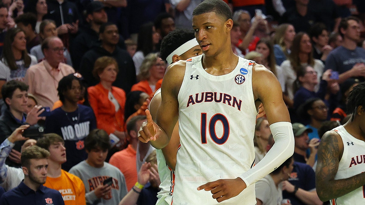 Jabari Smith reacts after the Auburn Tigers beat the Jacksonville State Gamecocks, 80-61, during the NCAA Men's Basketball Tournament on March 18, 2022, in Greenville, South Carolina.