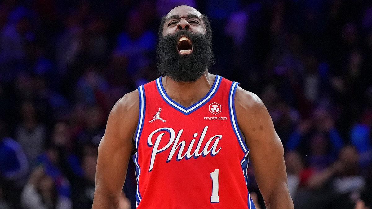 James Harden #1 of the Philadelphia 76ers reacts against the Miami Heat during Game Four of the 2022 NBA Playoffs Eastern Conference Semifinals at the Wells Fargo Center on May 8, 2022 in Philadelphia, Pennsylvania. The 76ers defeated the Heat 116-108.