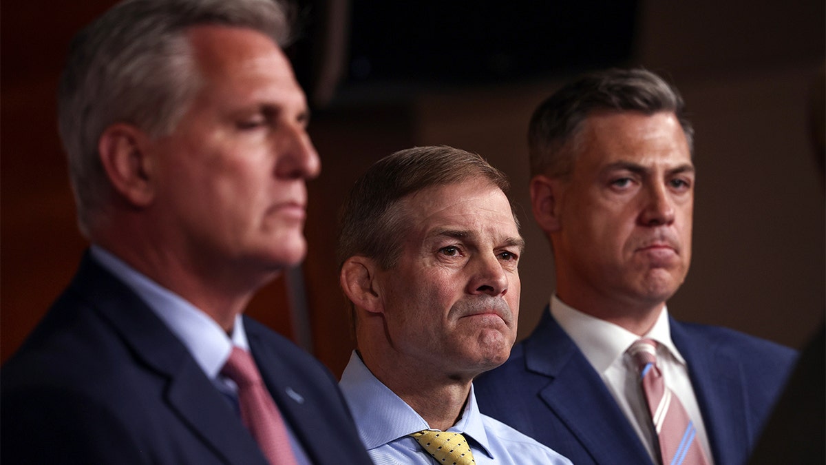 House Minority Leader Kevin McCarthy (R-CA), Rep. Jim Banks (R-IN) and Rep. Jim Jordan (R-OH) attend a news conference on July 21, 2021 in Washington, DC. (Photo by Kevin Dietsch/Getty Images)