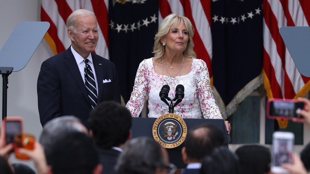 First Lady Jill Biden speaks as President Biden, right, hosting a Cinco de Mayo reception in the Rose Garden of the White House in Washington, D.C. on Thursday, May 5, 2022. (Photo by Yasin Ozturk/Anadolu Agency via Getty Images)