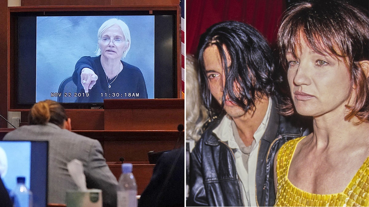 A photo combination of Ellen Barkin testifying in a pre-recorded deposition in Virginia May 19 and a picture of her with Johnny Depp in 1997.