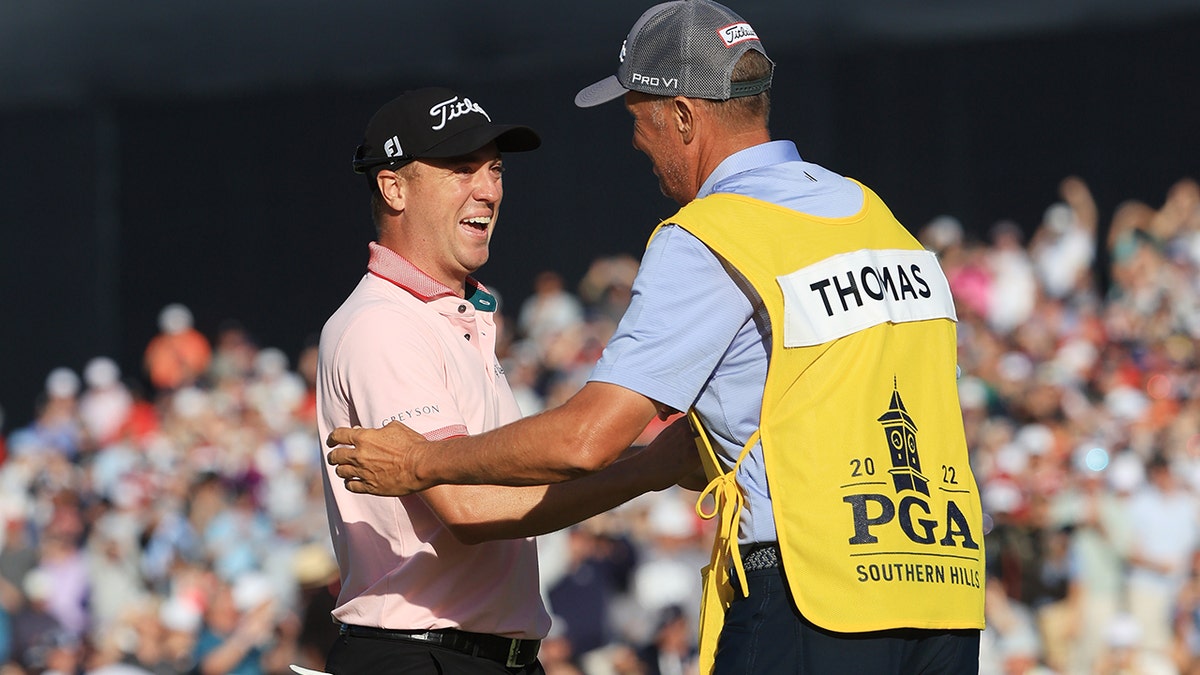 Justin Thomas at the PGA Championship with caddie