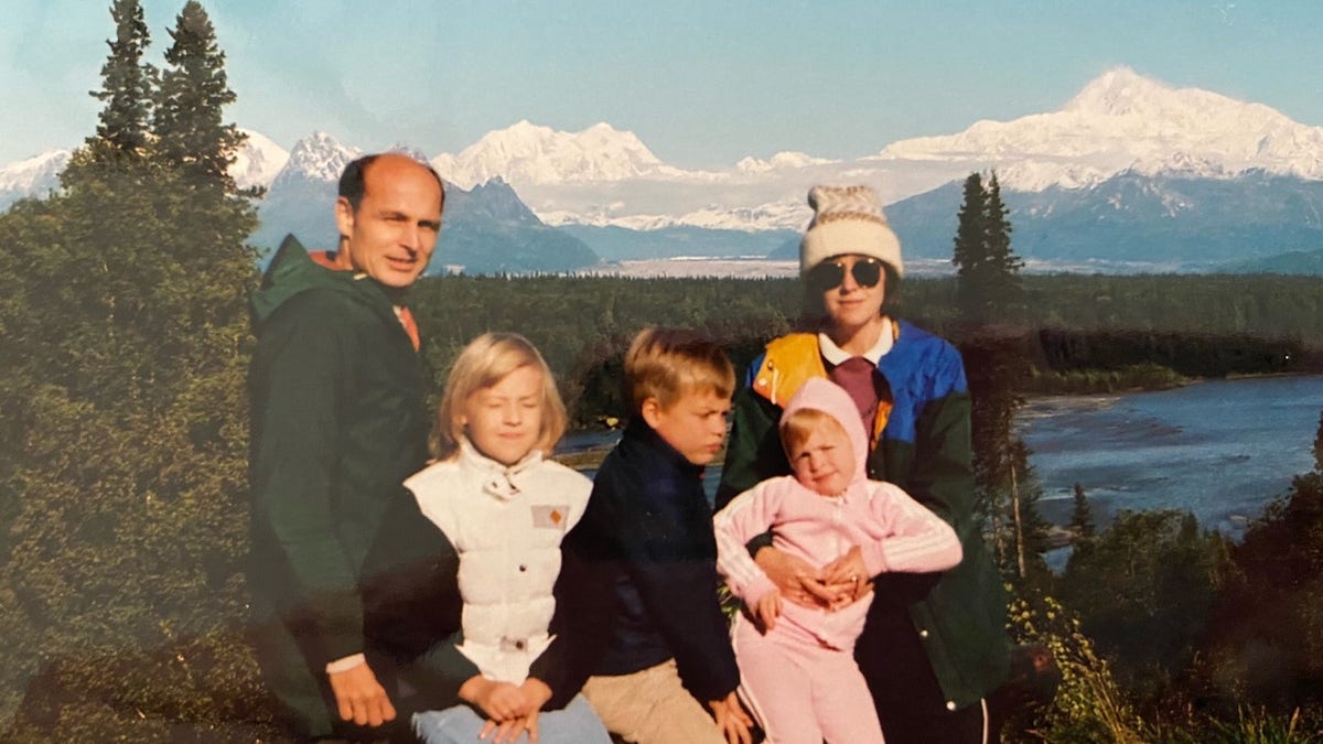 Karin Ruhkala and her father Tom, brother Daniel, mother Linda and sister Liisa on a trip to Denali National Park and Preserve in Alaska in August 1984. Denali peak is seen in the background.