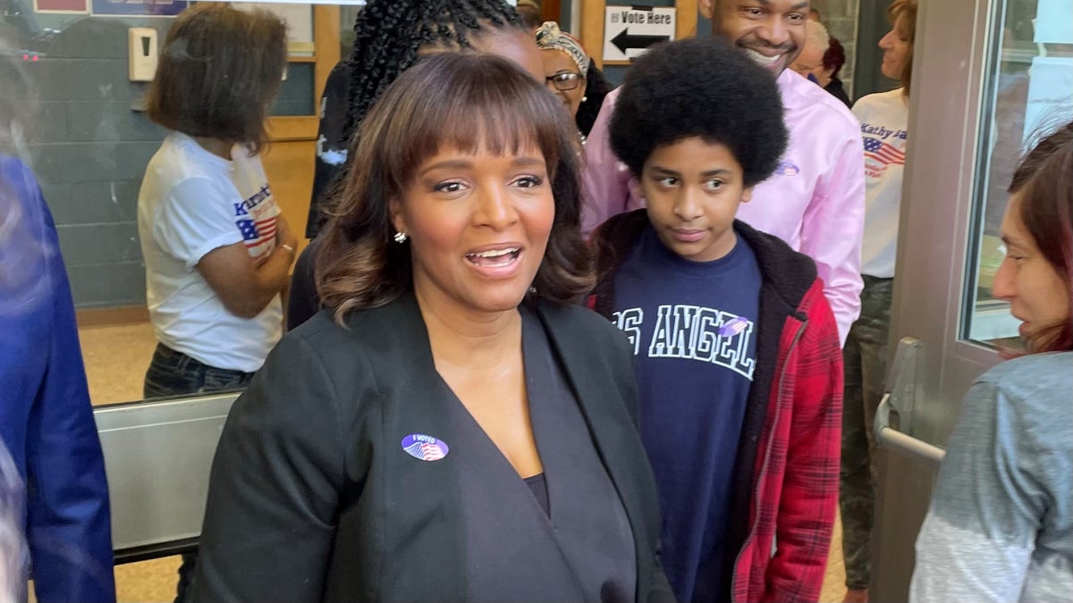 Republican Senate candidate Kathy Barnette departs a polling station in Lower Moreland Township, Pennsylvania, after voting in the state's primary, on May 17, 2022.