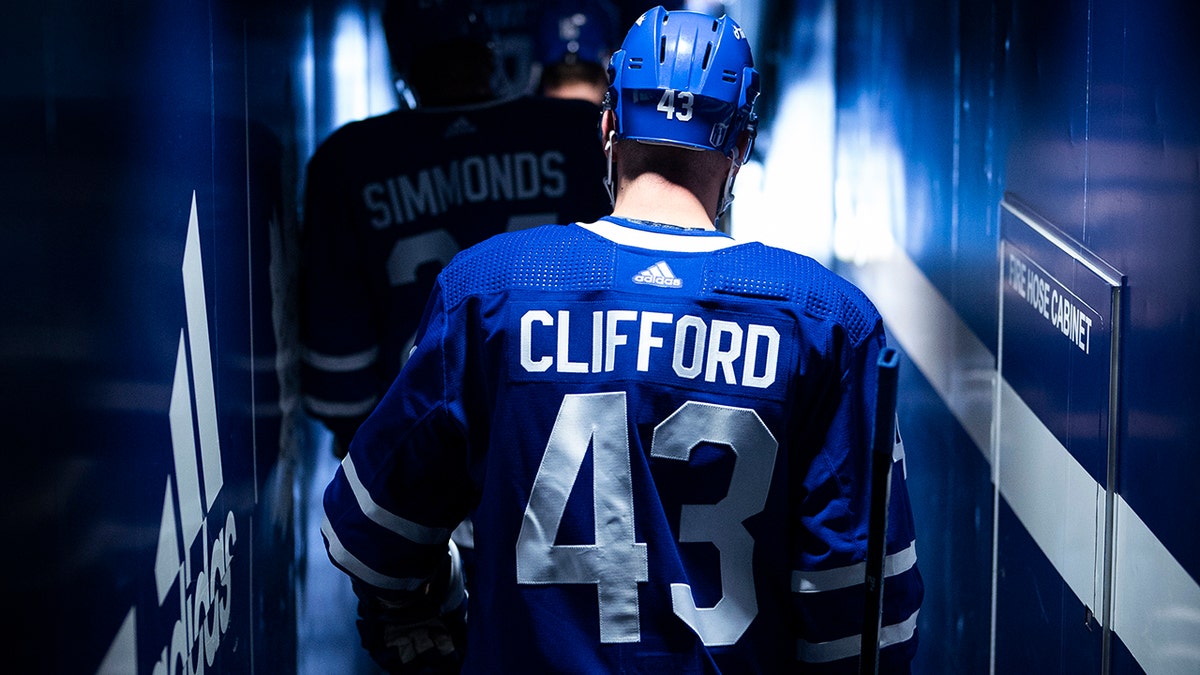Kyle Clifford #43 of the Toronto Maple Leafs walks to the ice to play the Tampa Bay Lightning in Game One of the First Round of the 2022 Stanley Cup Playoffs at the Scotiabank Arena on May 2, 2022 in Toronto, Ontario, Canada.