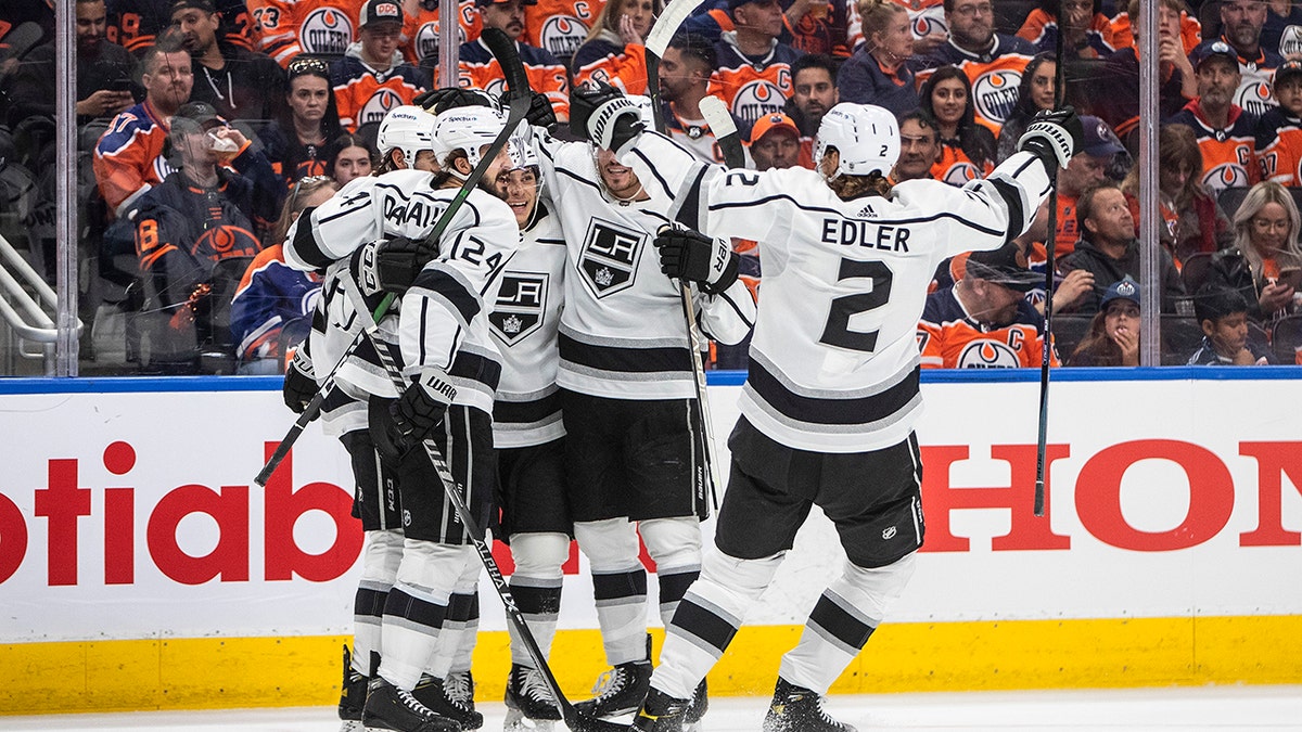 Los Angeles Kings celebrate a goal against the Edmonton Oilers during the first period of Game 1 of an NHL hockey Stanley Cup first-round playoff series, Monday, May 2, 2022 in Edmonton, Alberta.