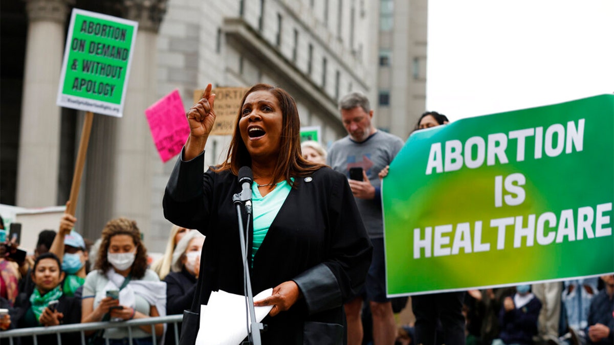 New York Attorney General Letitia James speaks at a rally in support of abortion rights, Tuesday, May 3, 2022, in New York.