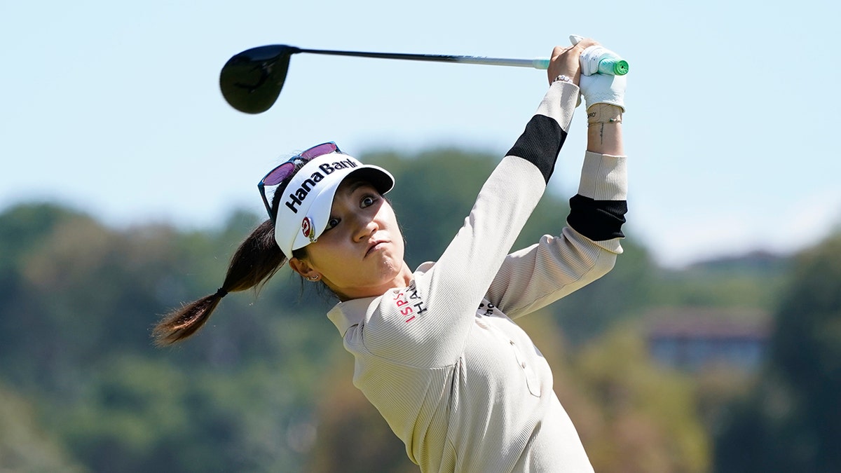 Lydia Ko tees off at the fourth tee during the final round of the LPGA's Palos Verdes Championship golf tournament on Sunday, May 1, 2022, in Palos Verdes Estates, Calif.