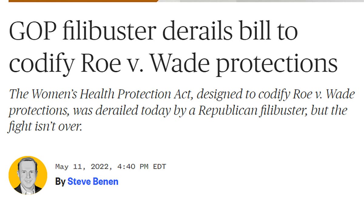 MSNBC headline reads "GOP filibuster derails bill to codify Roe v. Wade protections."