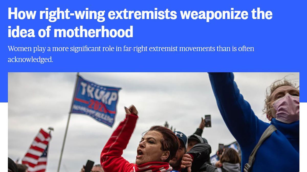 MSNBC headline reading "How right-wing extremists weaponize the idea of motherhood"