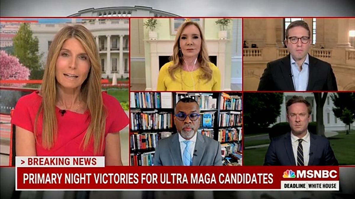 Shot of MSNBC chyron reading 'Primary Night Victories For Ultra MAGA Candidates.'