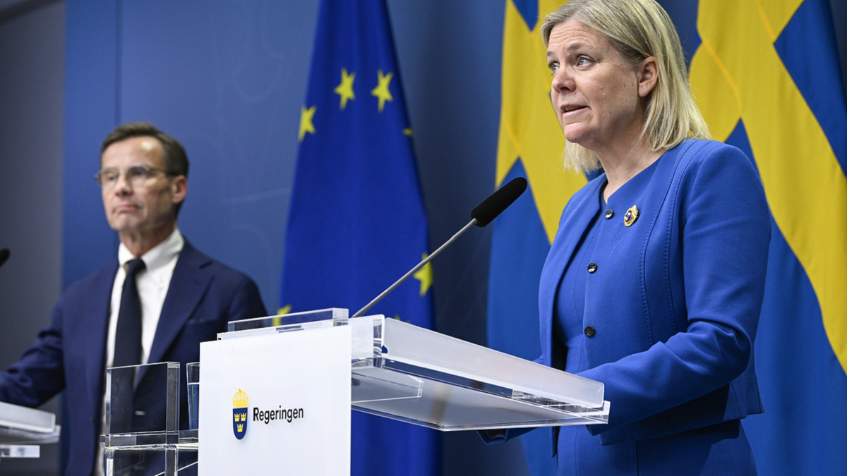 Sweden's Prime Minister Magdalena Andersson, right, and the Moderate Party's leader Ulf Kristersson give a news conference in Stockholm, Sweden, on Monday, May 16.