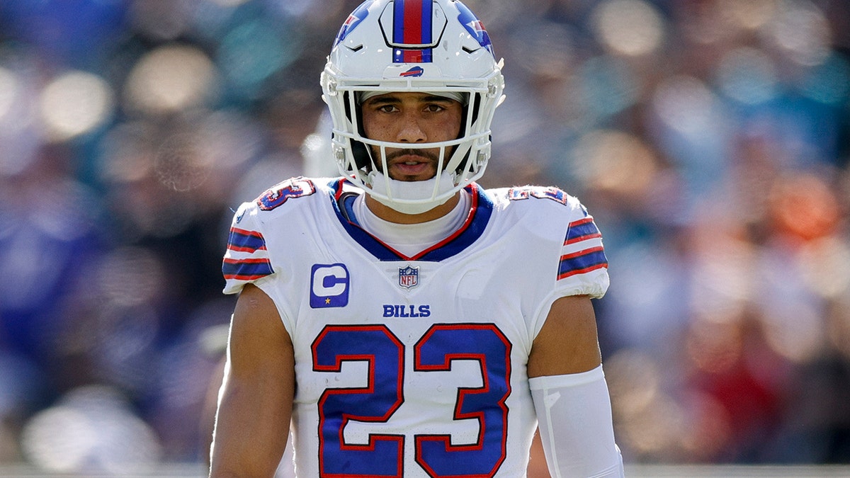 Micah Hyde #23 of the Buffalo Bills looks on during the second quarter against the Jacksonville Jaguars at TIAA Bank Field on November 07, 2021 in Jacksonville, Florida.