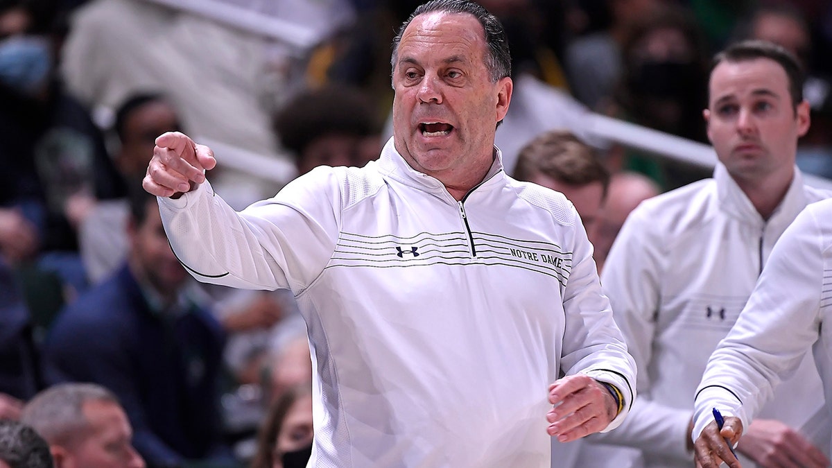 Notre Dame Head Coach Mike Brey reacts to a call in the first half as the University of Miami Hurricanes faced the Notre Dame University Fighting Irish on Feb. 2, 2022, at the Watsco Center in Coral Gables, Florida.
