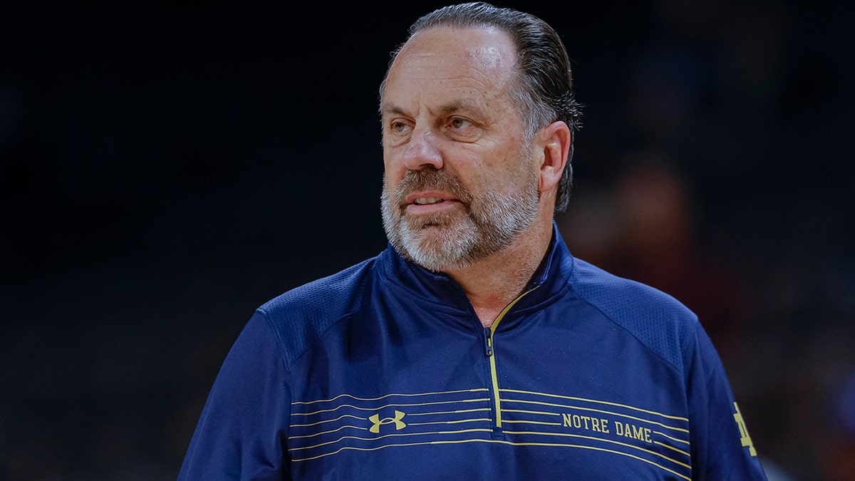Head coach Mike Brey of the Notre Dame Fighting Irish is seen during the game against the Texas A&amp;M Aggies at Michelob ULTRA Arena on Nov. 24, 2021 in Las Vegas, Nevada. 