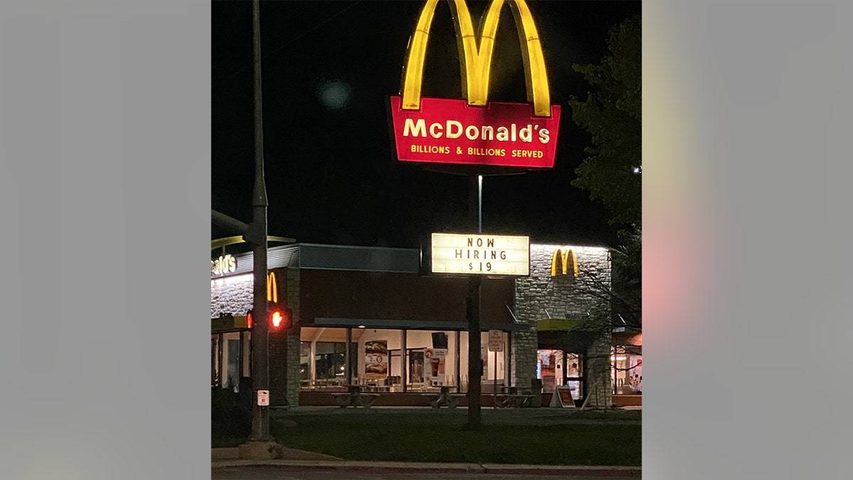 A now-hiring sign at Moab's only McDonald's restaurant in September 2021, weeks after the murders of newlyweds Kylen Schulte and Crystal Turner.