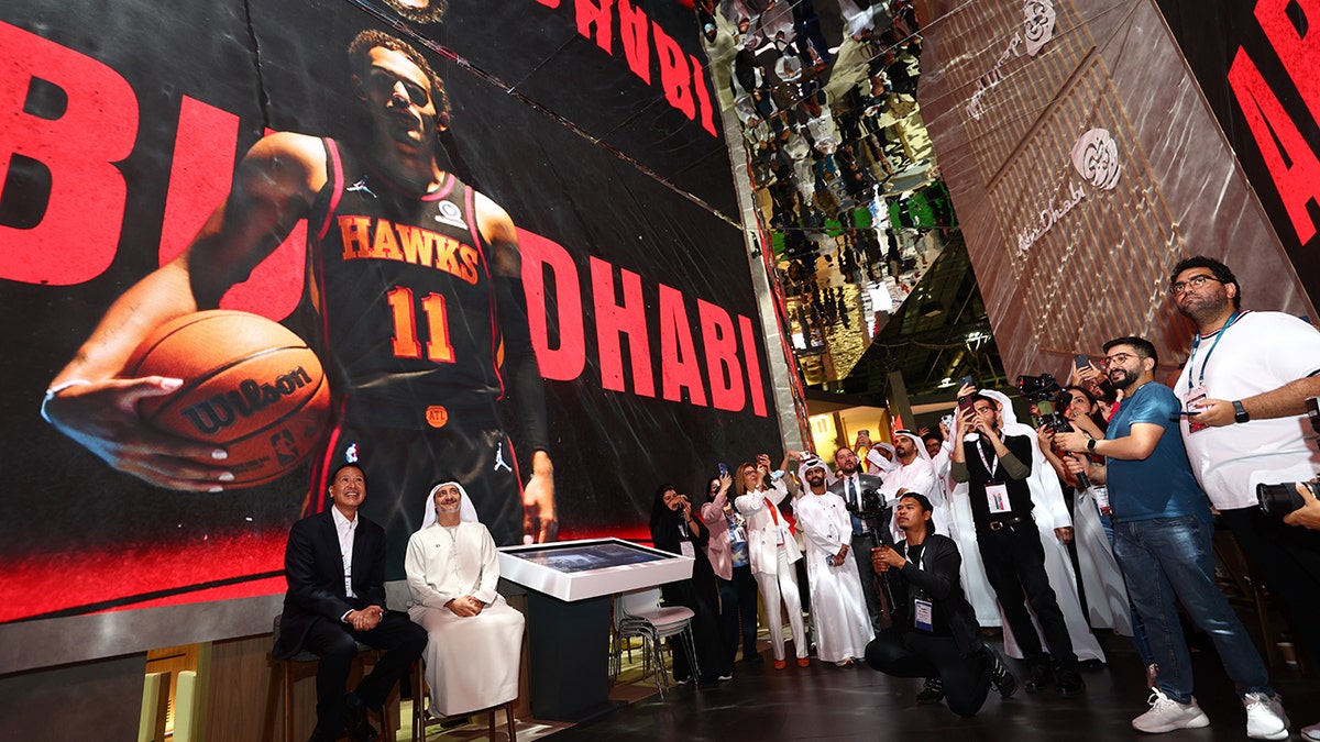 H.E. Saleh Mohamed Al Geziry, Director General for Tourism at DCT Abu Dhabi and Ralph Rivera, Managing Director, NBA Europe and Middle East attends The NBA Abu Dhabi Games 2022 Announcement at Dubai World Trade Centre on May 10, 2022 in Dubai, United Arab Emirates.