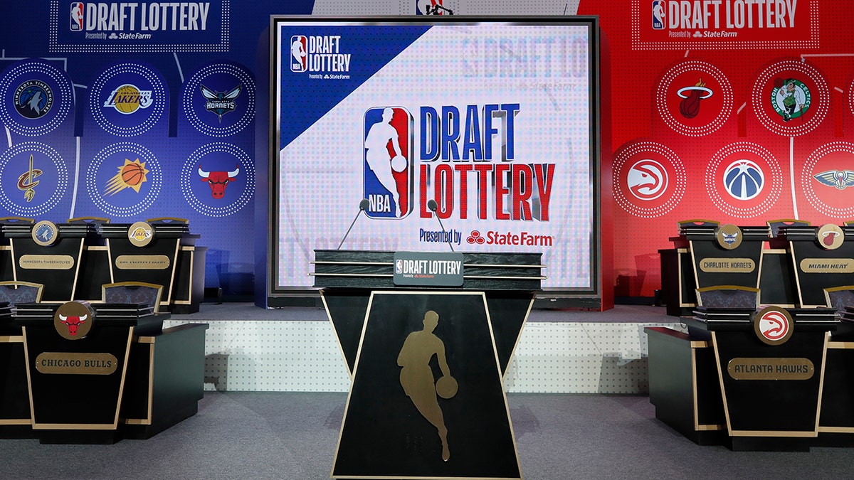 An overall view of the stage at the 2019 NBA Draft Lottery on May 14, 2019 at the Chicago Hilton in Chicago, Illinois.