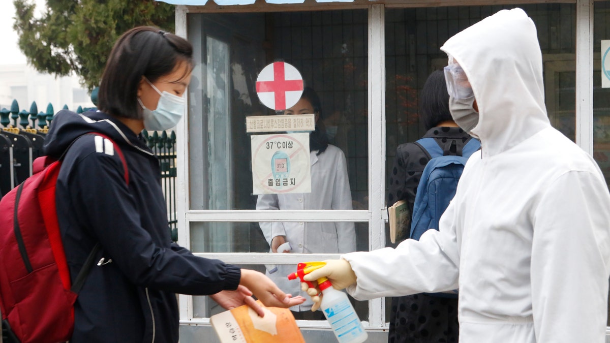 A schoolgirl wearing a face mask, disinfects her hands before entering the Kumsong Secondary School No. 2 in the morning in Pyongyang, North Korea, on Nov. 3, 2021. (AP Photo/Cha Song Ho, File)