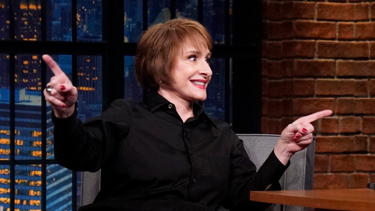 LATE NIGHT WITH SETH MEYERS -- Episode 1234 -- Pictured: (l-r) Actress Patti LuPone during an interview with host Seth Meyers on December 13, 2021 -- (Photo by: Lloyd Bishop/NBC/NBCU Photo Bank via Getty Images)