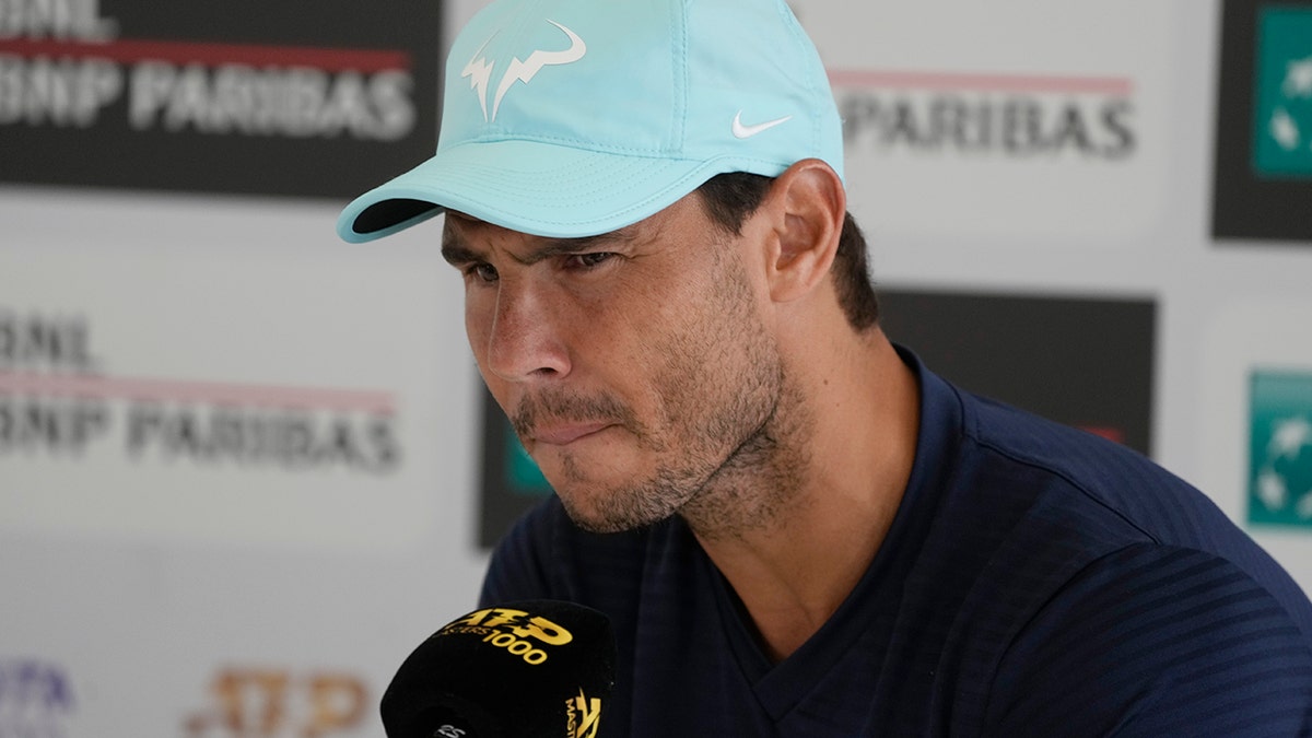 Spain's Rafael Nadal talks to journalists during a press conference at the Italian Open tennis tournament, in Rome, Monday, May 9, 2022. 