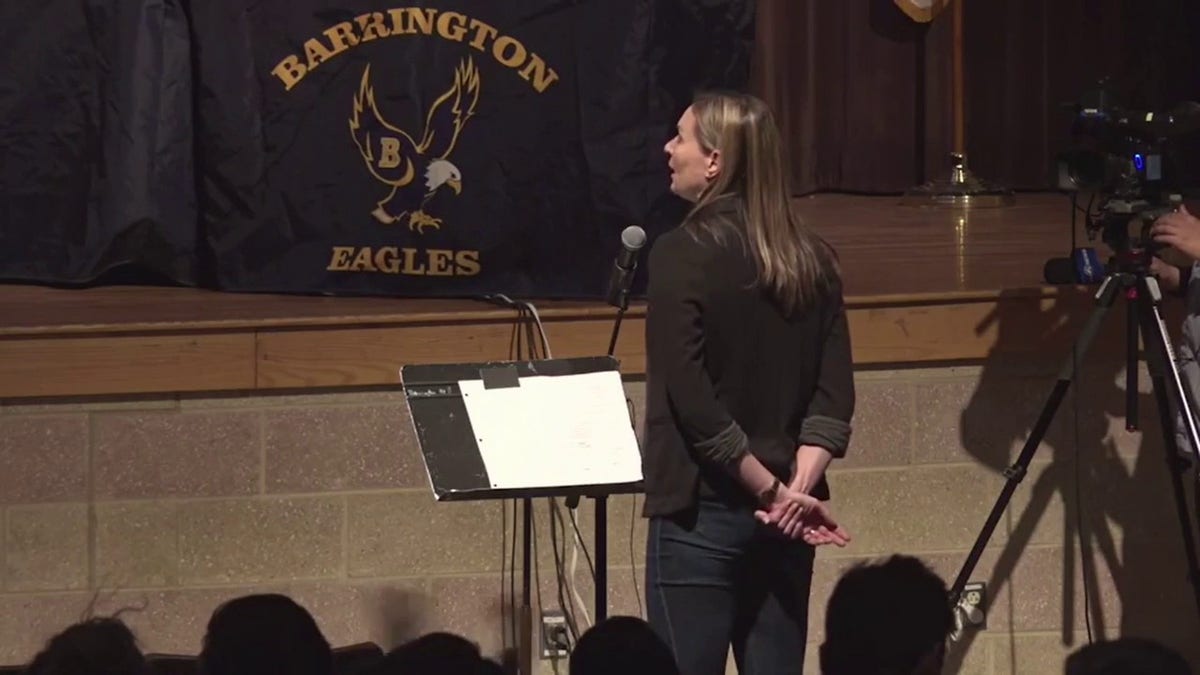 Parent speaks at March 30 Barrington Public Schools meeting. 