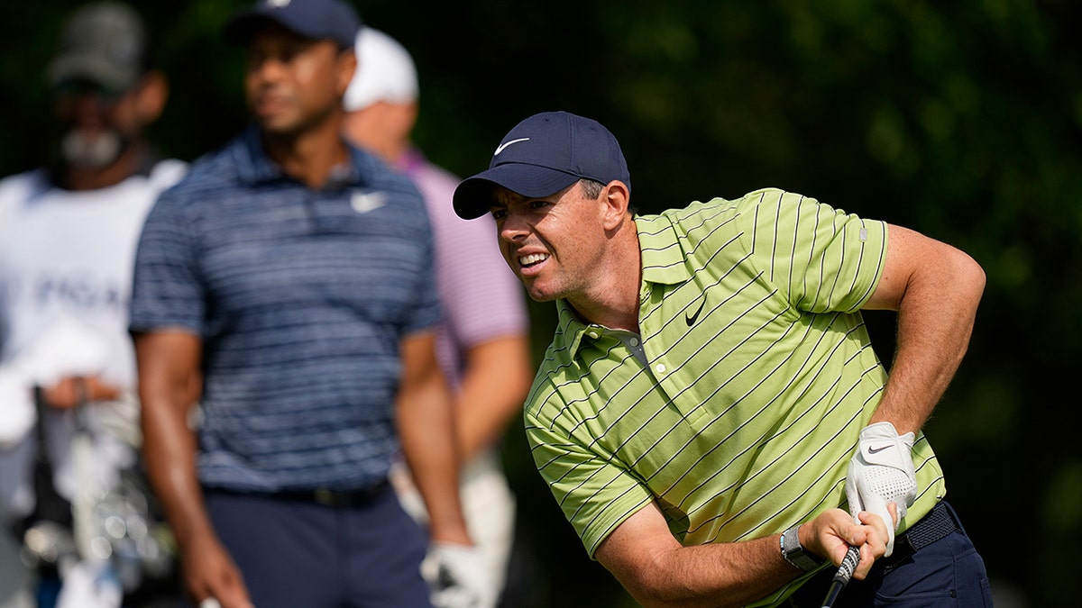 Rory McIlroy hits ball in PGA Championship 2022 1st round