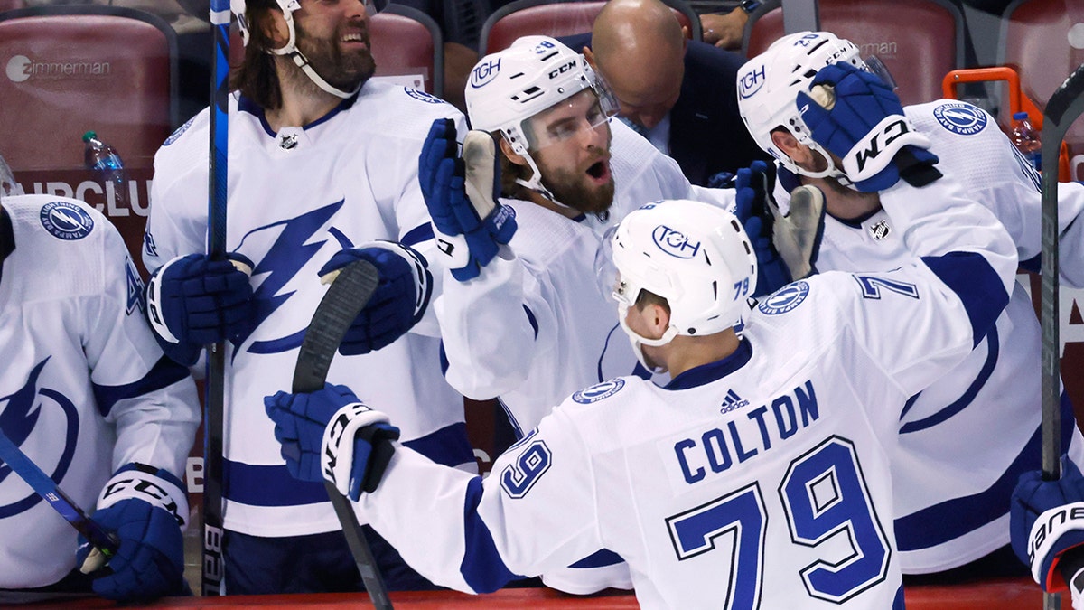 Lightning's Ross Colton celebrates Game 2 score