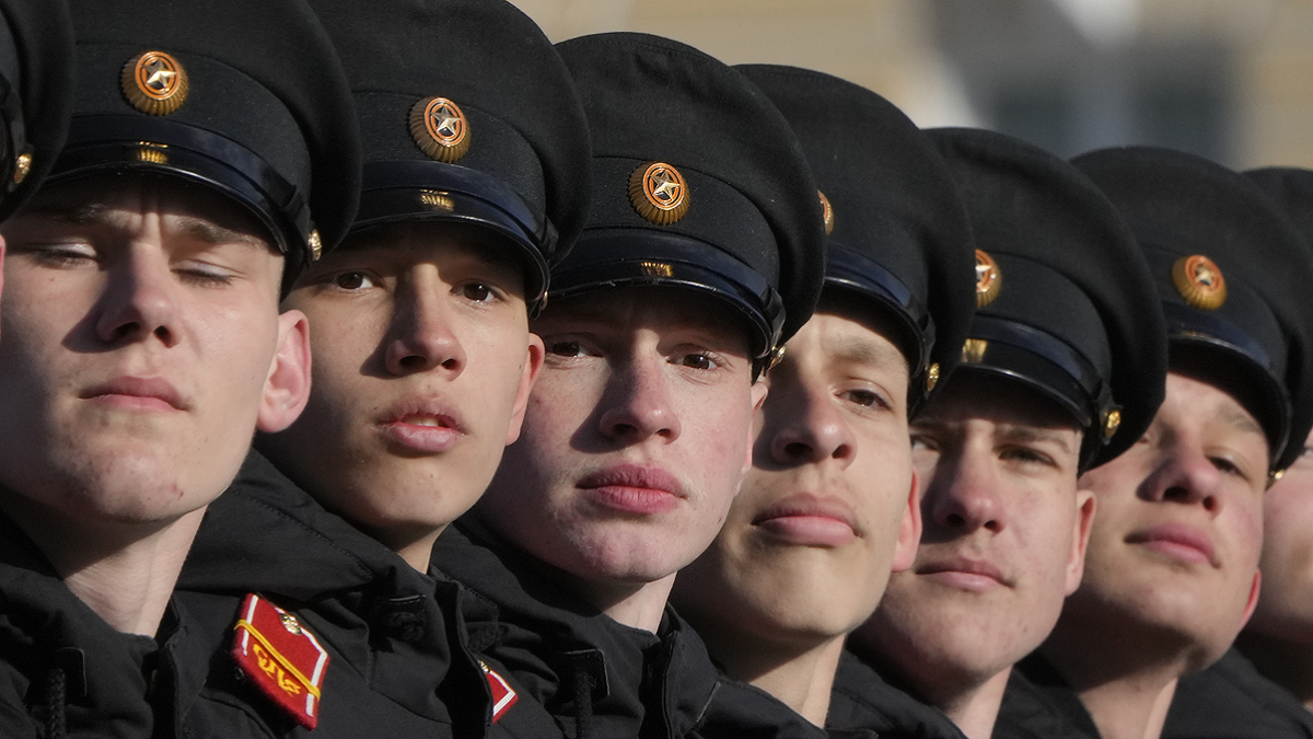 Cadets march during a rehearsal for the Victory Day military parade in St. Petersburg, Russia, on Thursday, April 28.