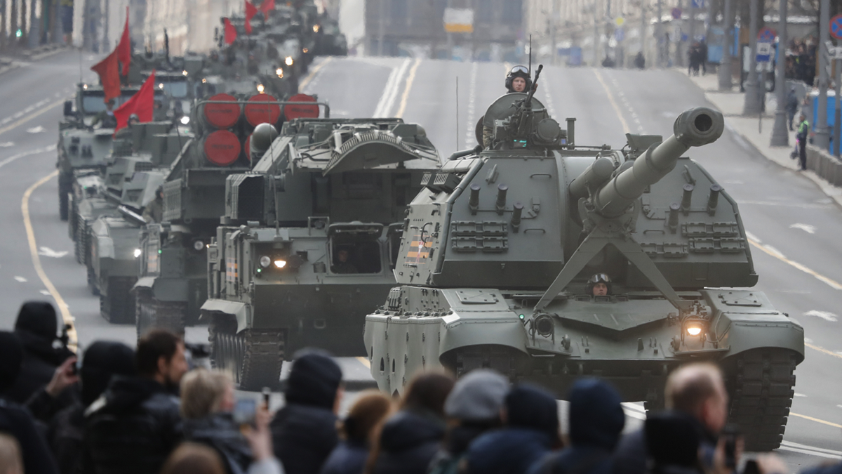 A Russian self-propelled artillery vehicle and military vehicles roll along Tverskaya street toward Red Square during a rehearsal for the Victory Day military parade in Moscow, Russia, on Thursday, April 28.
